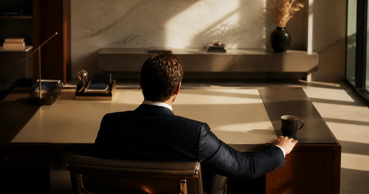 A man sitting alone at a desk in late afternoon light with a cold cup of coffee, seen from behind