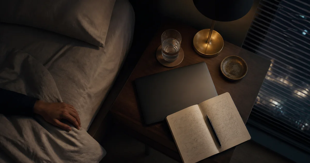 Restless nighttime bedside scene with a closed laptop and notebook