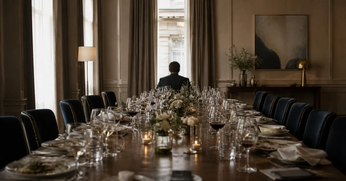 One person remaining at the end of a long formal dinner table