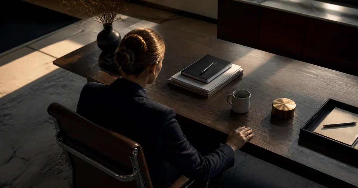 Woman executive sitting at a pristine desk in late afternoon light