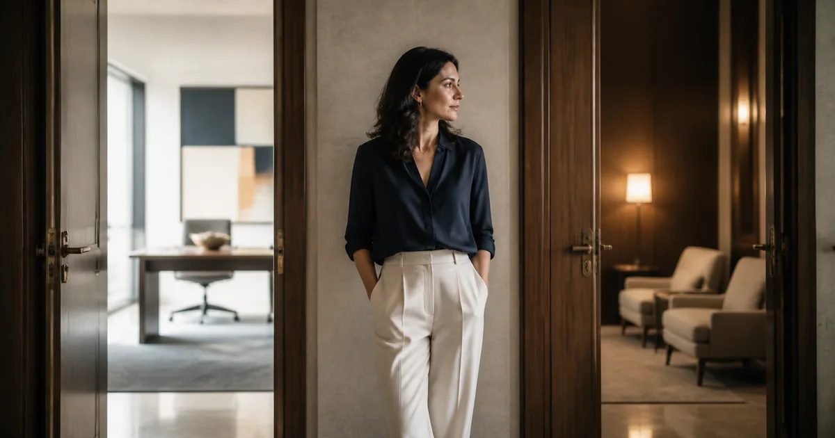 Woman executive choosing between two distinct rooms in a quiet hallway